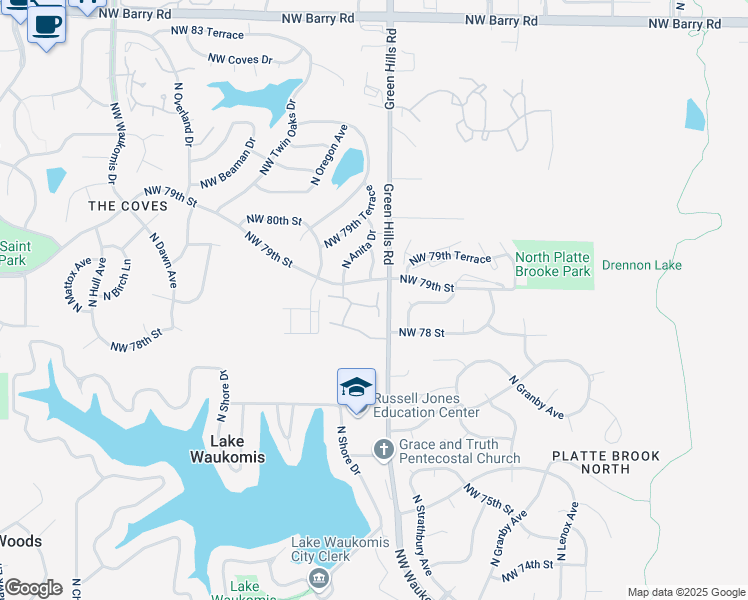 map of restaurants, bars, coffee shops, grocery stores, and more near 4408 Northwest 78th Court in Kansas City