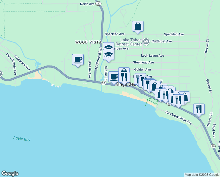 map of restaurants, bars, coffee shops, grocery stores, and more near 8216 Brockway Vista Drive in Kings Beach