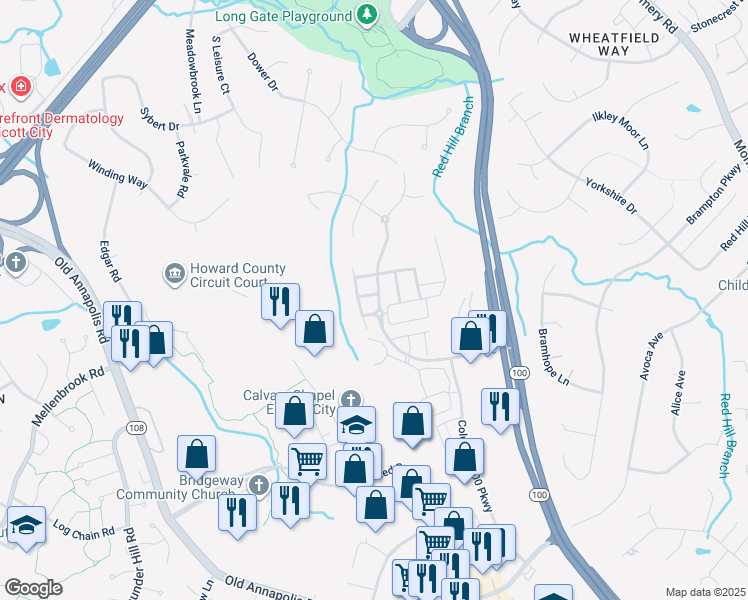 map of restaurants, bars, coffee shops, grocery stores, and more near 8903 Samuel Joy Way in Ellicott City