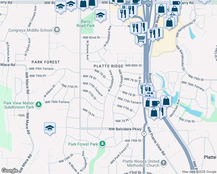map of restaurants, bars, coffee shops, grocery stores, and more near 7300 Northwest 78th Street in Kansas City