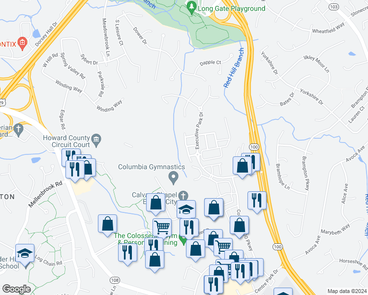 map of restaurants, bars, coffee shops, grocery stores, and more near 4832 Lee Hollow Place in Ellicott City