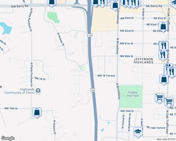 map of restaurants, bars, coffee shops, grocery stores, and more near 901 Northwest 79th Street in Kansas City