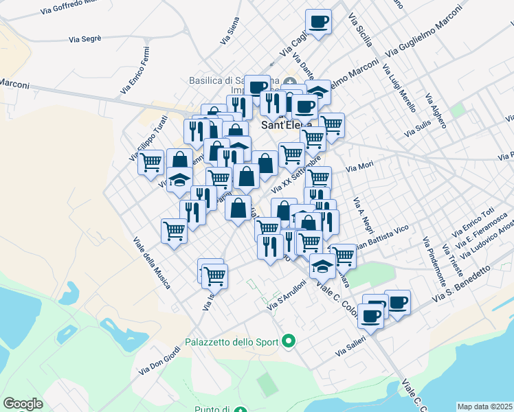 map of restaurants, bars, coffee shops, grocery stores, and more near 71 Viale Colombo in Quartu Sant'Elena