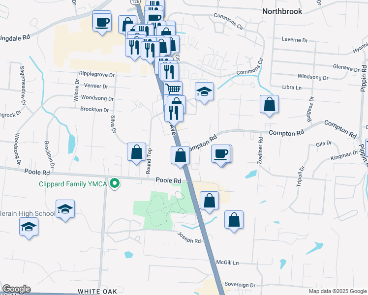 map of restaurants, bars, coffee shops, grocery stores, and more near 3390 Compton Road in Cincinnati