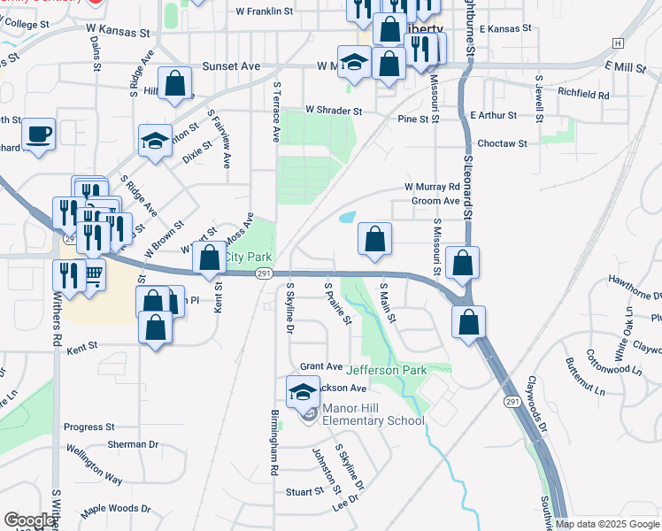 map of restaurants, bars, coffee shops, grocery stores, and more near 205 South Prairie Street in Liberty