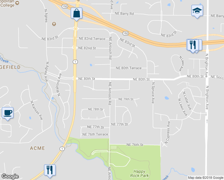 map of restaurants, bars, coffee shops, grocery stores, and more near 3610 Northeast 79th Terrace in Kansas City