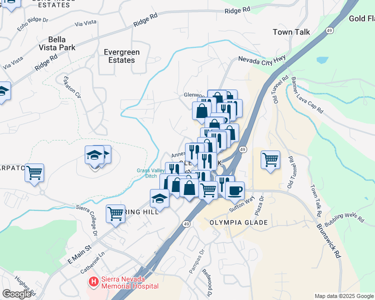 map of restaurants, bars, coffee shops, grocery stores, and more near 824 Annex Avenue in Grass Valley