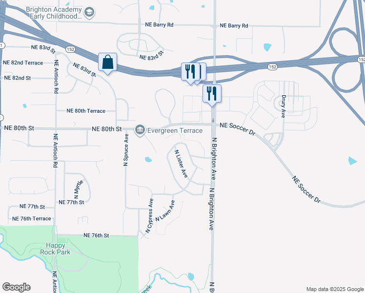 map of restaurants, bars, coffee shops, grocery stores, and more near 4809 Northeast 79th Street in Kansas City