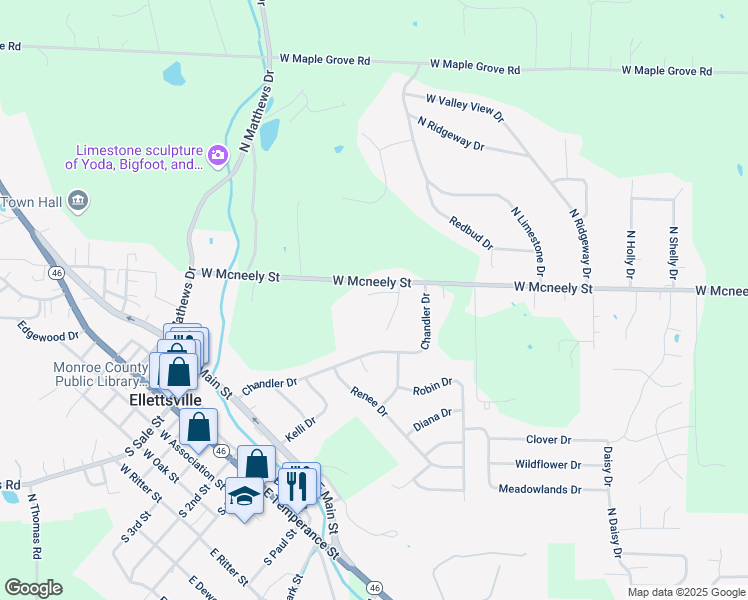 map of restaurants, bars, coffee shops, grocery stores, and more near 5713 Vinca Court in Ellettsville