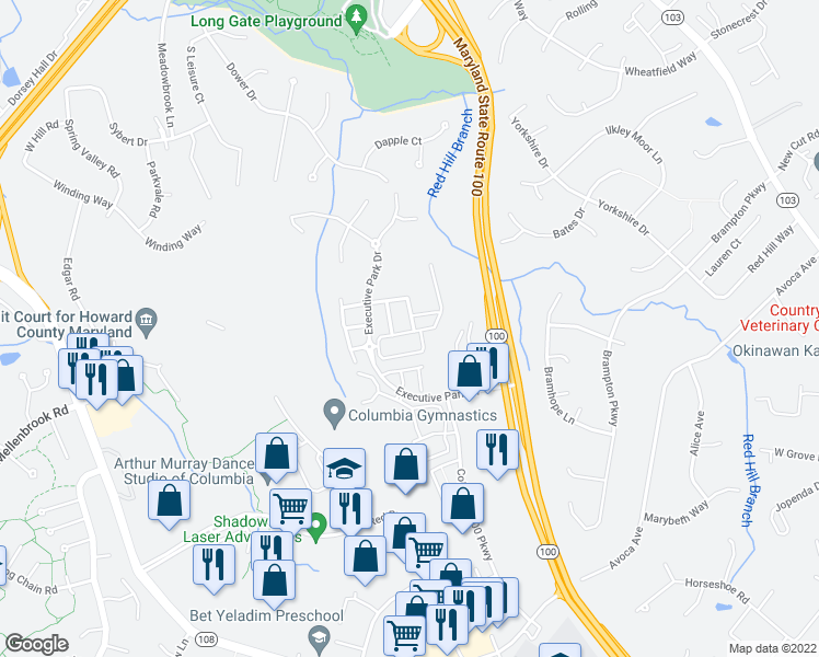 map of restaurants, bars, coffee shops, grocery stores, and more near 8801 Montjoy Place in Ellicott City