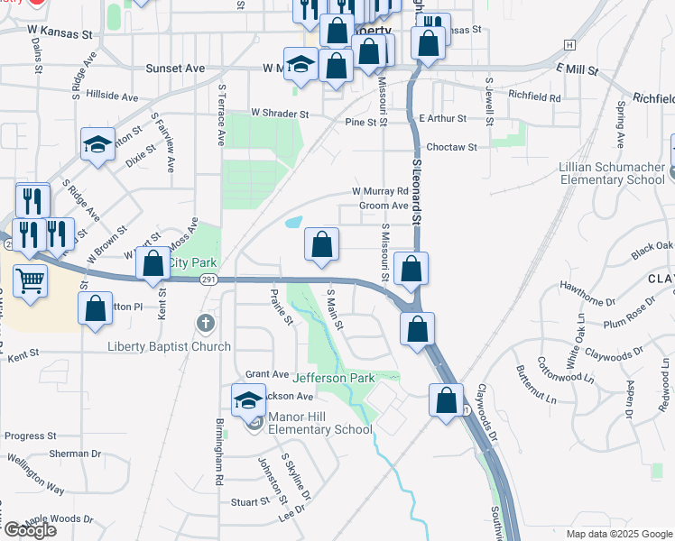 map of restaurants, bars, coffee shops, grocery stores, and more near 2 South Village Drive in Liberty