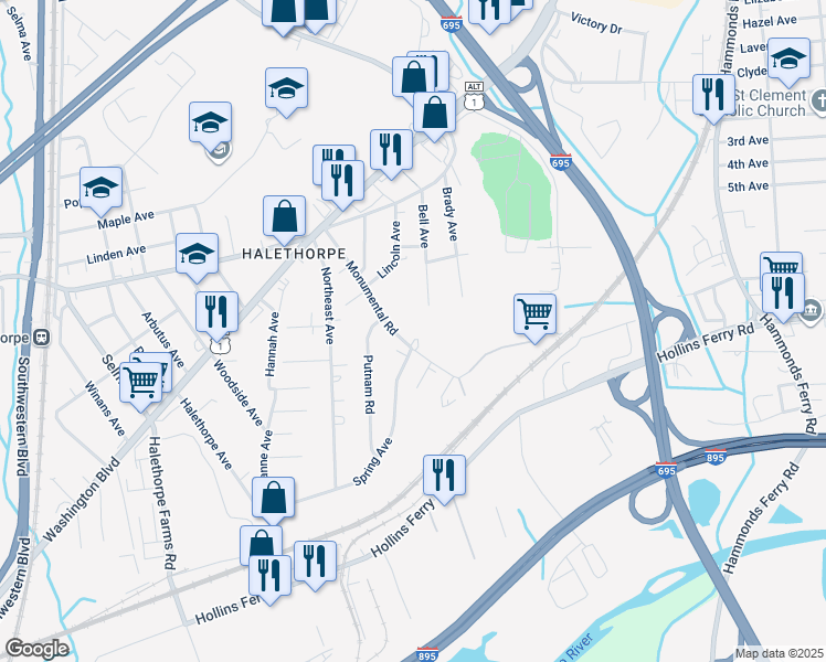 map of restaurants, bars, coffee shops, grocery stores, and more near 2029 Monumental Road in Halethorpe
