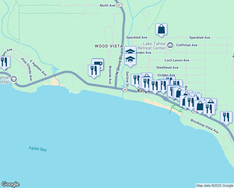 map of restaurants, bars, coffee shops, grocery stores, and more near 8000 North Lake Boulevard in Kings Beach
