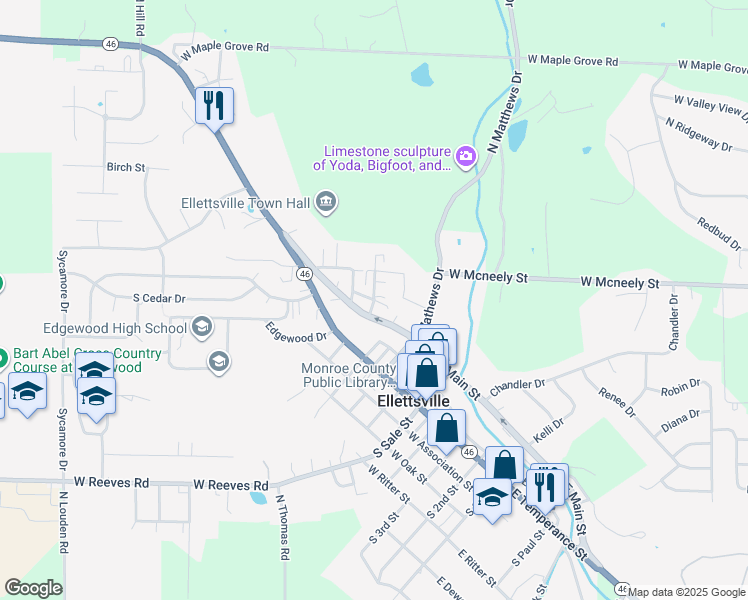 map of restaurants, bars, coffee shops, grocery stores, and more near 701 North Allen Street in Ellettsville