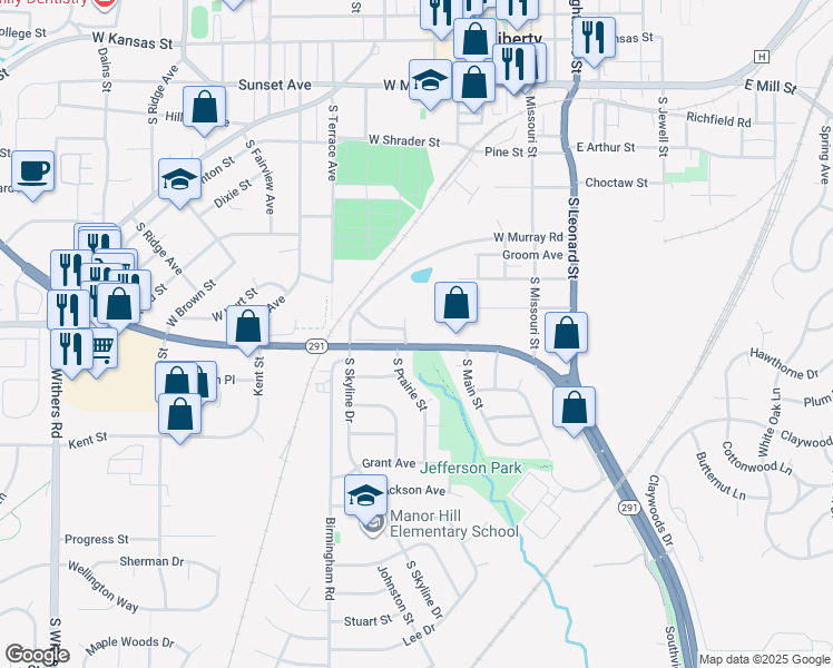 map of restaurants, bars, coffee shops, grocery stores, and more near 205 South Prairie Street in Liberty
