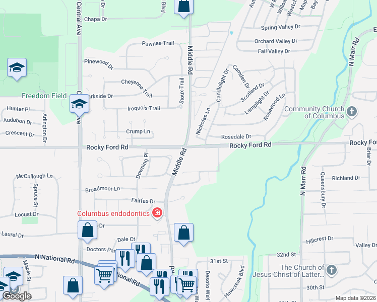map of restaurants, bars, coffee shops, grocery stores, and more near 2601 Rocky Ford Road in Columbus