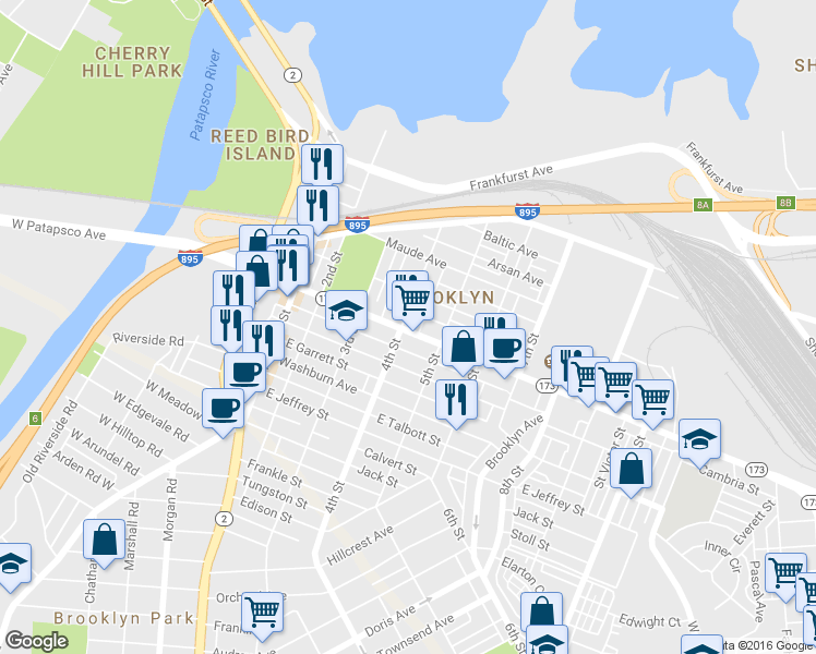 map of restaurants, bars, coffee shops, grocery stores, and more near 402 E Patapsco Ave in Baltimore
