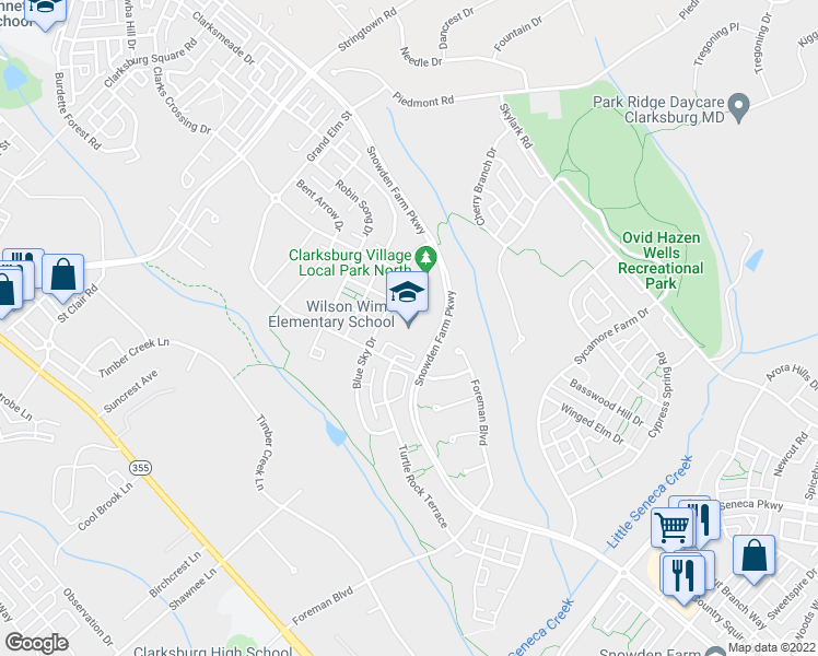 map of restaurants, bars, coffee shops, grocery stores, and more near 12520 Blue Sky Drive in Clarksburg