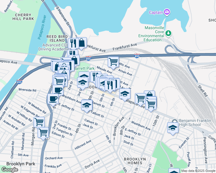 map of restaurants, bars, coffee shops, grocery stores, and more near 3547 5th Street in Baltimore