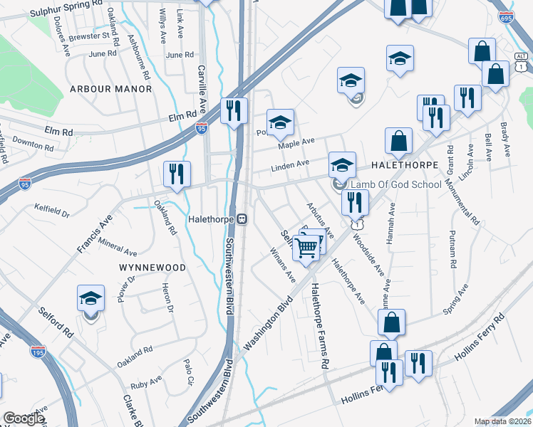 map of restaurants, bars, coffee shops, grocery stores, and more near 1710 Selma Avenue in Baltimore County