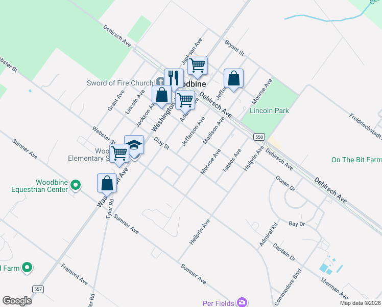 map of restaurants, bars, coffee shops, grocery stores, and more near 708 Clay Street in Woodbine