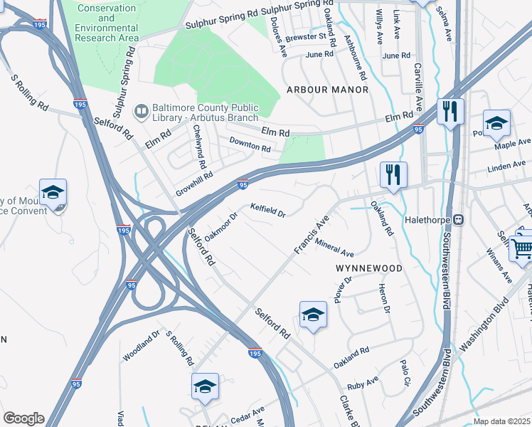 map of restaurants, bars, coffee shops, grocery stores, and more near 1129 Kelfield Drive in Arbutus