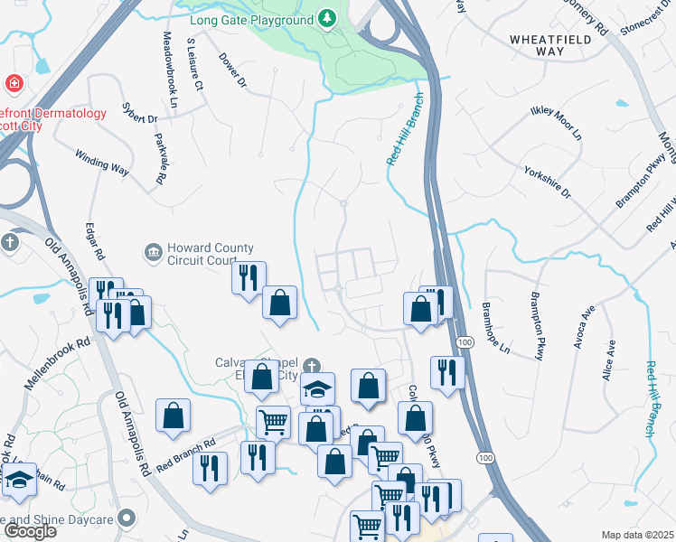 map of restaurants, bars, coffee shops, grocery stores, and more near Executive Park Drive in Columbia