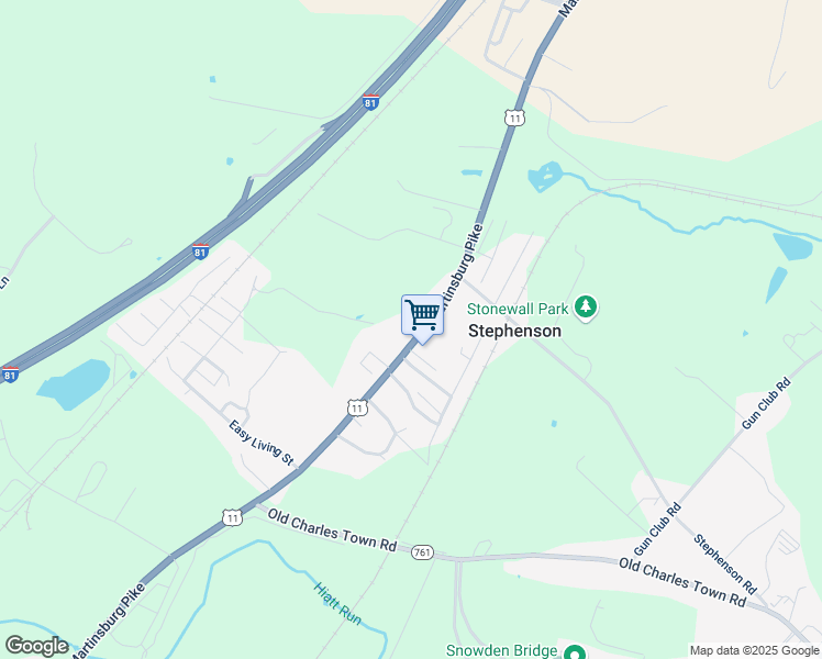 map of restaurants, bars, coffee shops, grocery stores, and more near 2657 Martinsburg Pike in Stephenson