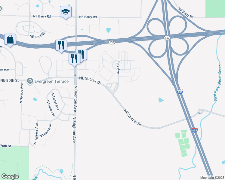 map of restaurants, bars, coffee shops, grocery stores, and more near 8000 North Drury Avenue in Kansas City