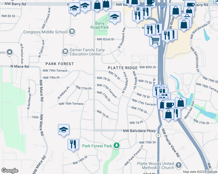 map of restaurants, bars, coffee shops, grocery stores, and more near 7317 Northwest 77th Terrace in Kansas City