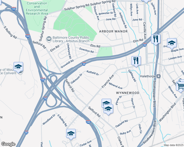 map of restaurants, bars, coffee shops, grocery stores, and more near 1129 Kelfield Drive in Arbutus