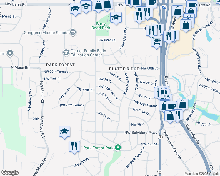 map of restaurants, bars, coffee shops, grocery stores, and more near 7317 Northwest 77th Terrace in Kansas City
