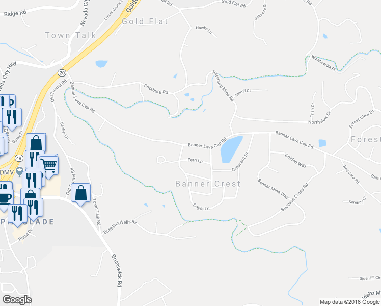 map of restaurants, bars, coffee shops, grocery stores, and more near 10766 Fern Lane in Nevada City