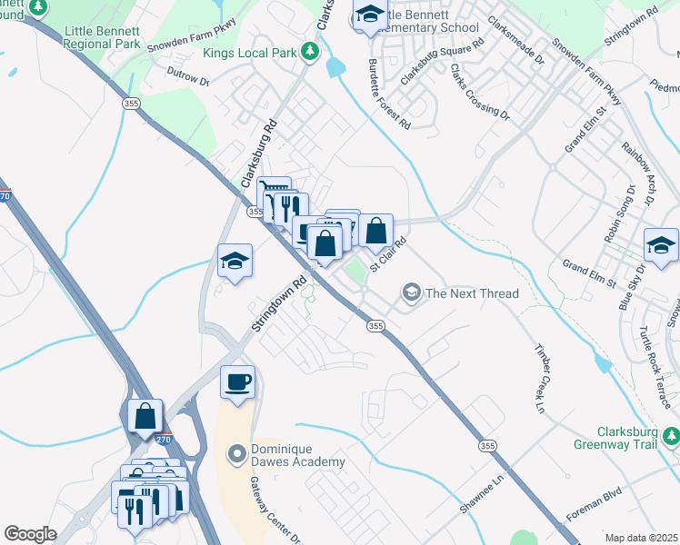 map of restaurants, bars, coffee shops, grocery stores, and more near 13112 Brewers Tavern Terrace in Clarksburg