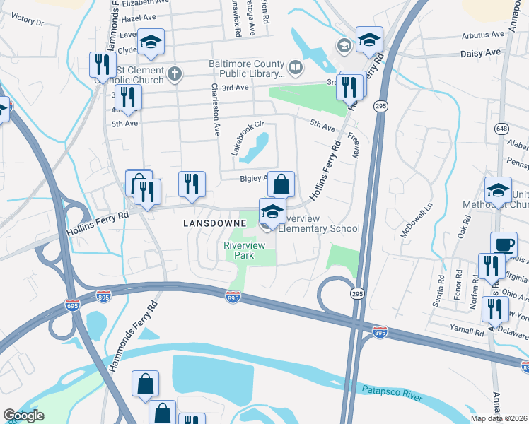 map of restaurants, bars, coffee shops, grocery stores, and more near 4230 Hollins Ferry Road in Baltimore