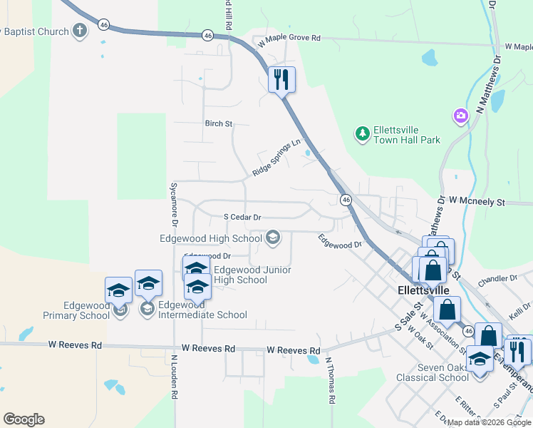 map of restaurants, bars, coffee shops, grocery stores, and more near 377-559 Edgewood Dr in Ellettsville