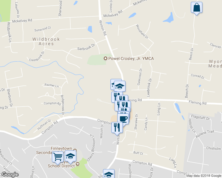 map of restaurants, bars, coffee shops, grocery stores, and more near 9375 Winton Road in Cincinnati