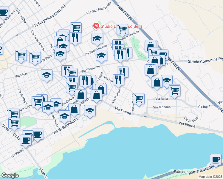 map of restaurants, bars, coffee shops, grocery stores, and more near 18 Via Solferino in Quartu Sant'Elena