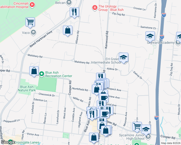 map of restaurants, bars, coffee shops, grocery stores, and more near 9850 Redhill Dr in Cincinnati