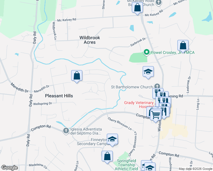 map of restaurants, bars, coffee shops, grocery stores, and more near 9300 Bridgecreek Drive in Cincinnati