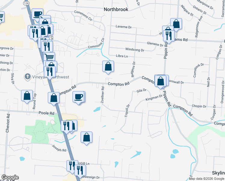map of restaurants, bars, coffee shops, grocery stores, and more near 9179 Trelawney Court in Cincinnati