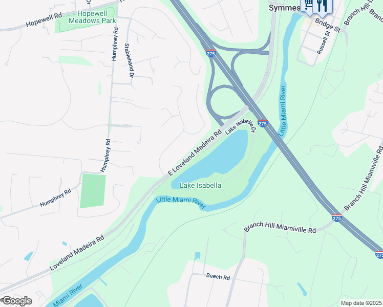 map of restaurants, bars, coffee shops, grocery stores, and more near 10043 Loveland Madeira Road in Loveland