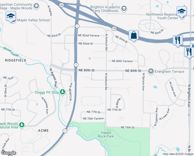 map of restaurants, bars, coffee shops, grocery stores, and more near 3610 Northeast 79th Terrace in Kansas City