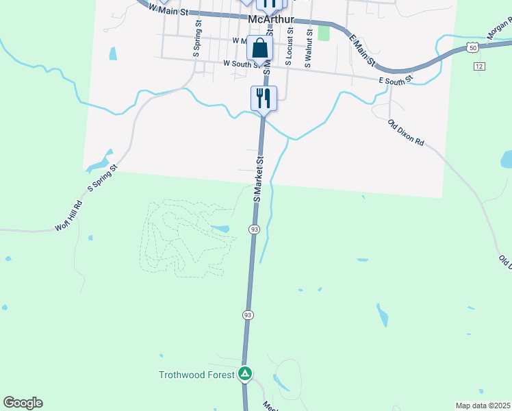 map of restaurants, bars, coffee shops, grocery stores, and more near 30518 Ohio 93 in McArthur