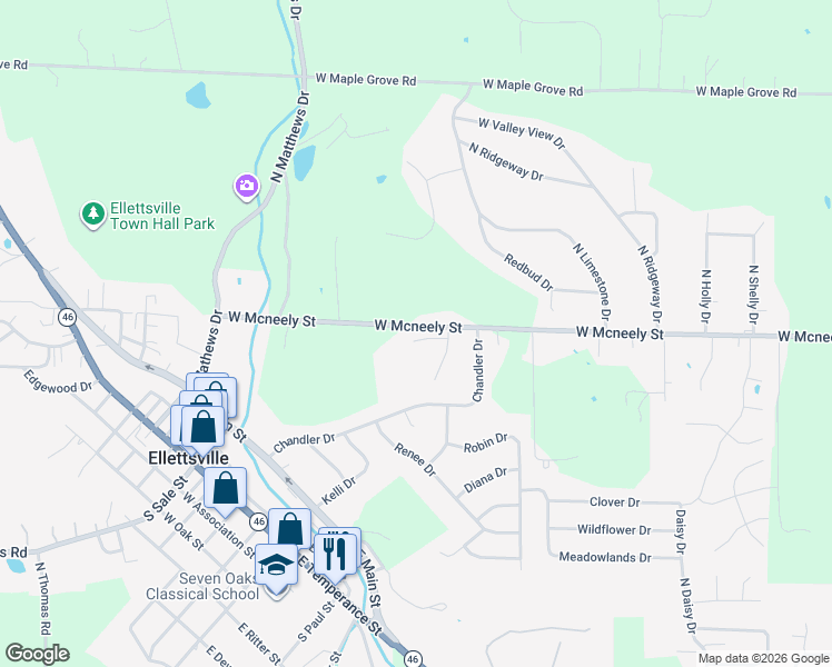 map of restaurants, bars, coffee shops, grocery stores, and more near 5713 Vinca Court in Ellettsville