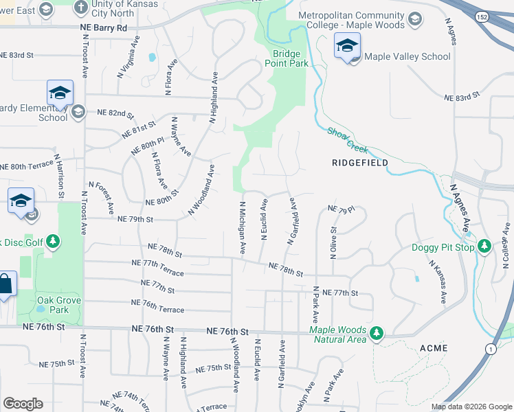 map of restaurants, bars, coffee shops, grocery stores, and more near 7901 North Euclid Avenue in Kansas City