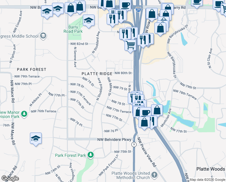 map of restaurants, bars, coffee shops, grocery stores, and more near 6920 Northwest 78th Street in Kansas City