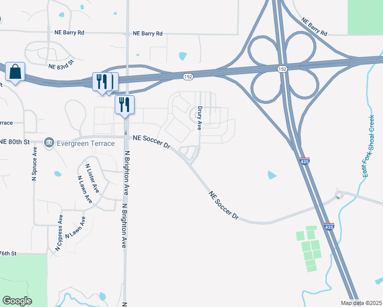 map of restaurants, bars, coffee shops, grocery stores, and more near 8000 North Drury Avenue in Kansas City