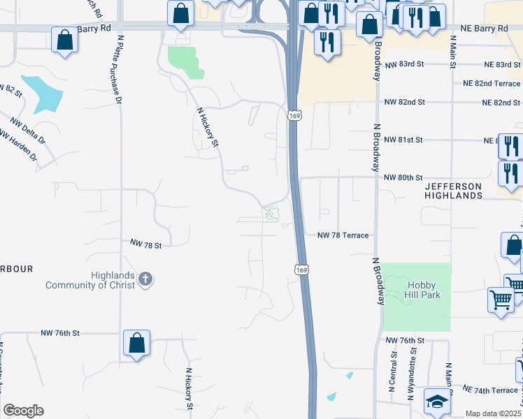 map of restaurants, bars, coffee shops, grocery stores, and more near 7808 North Holly Street in Kansas City