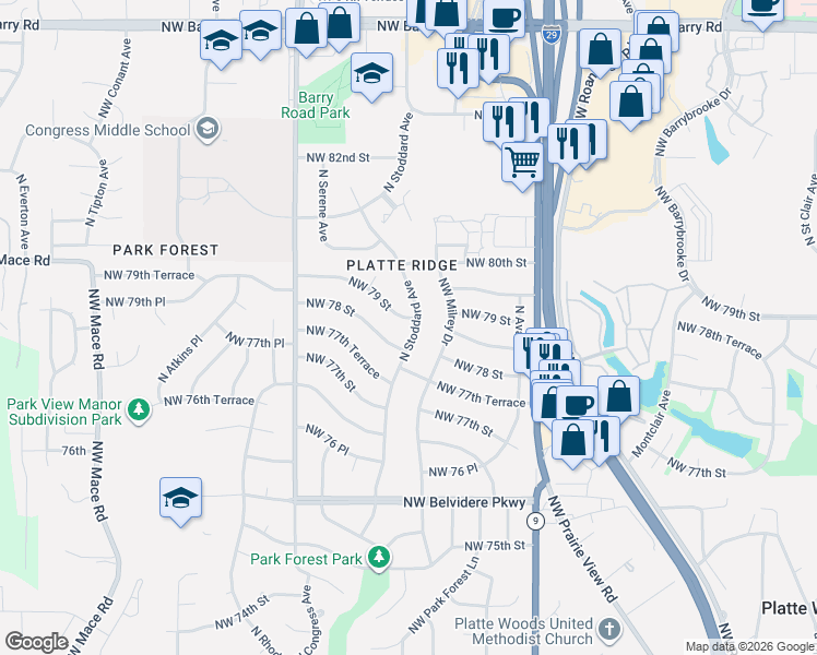map of restaurants, bars, coffee shops, grocery stores, and more near 7803 North Stoddard Avenue in Kansas City